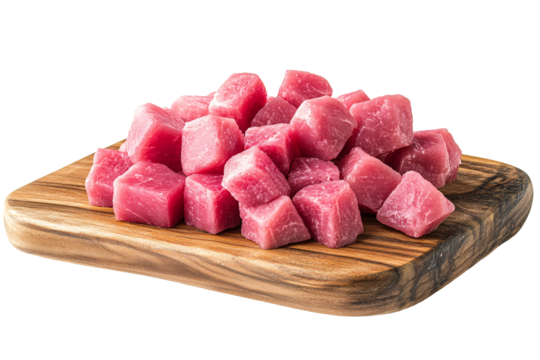 a pile of diced meat on a wooden board