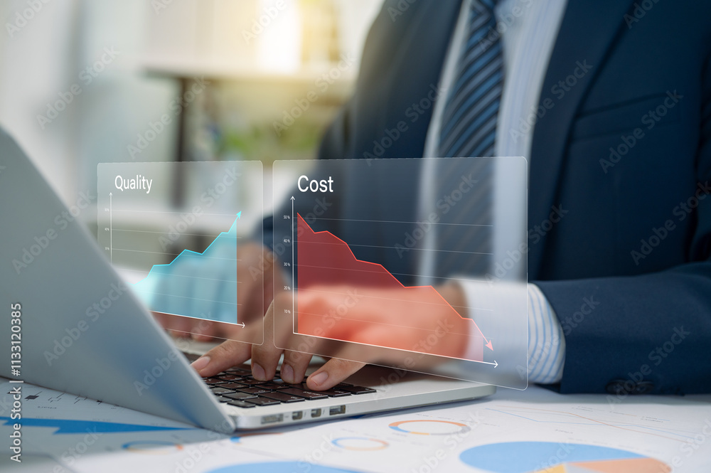Fototapete business professional analyzing cost and quality metrics, data visualization highlights the relation