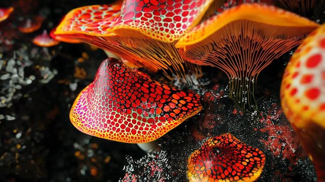 Red Mushrooms Abstract Design With Geometric Patterns and Textures in Slow Motion Animation