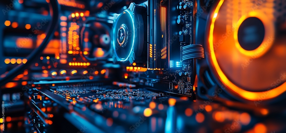 Poster close-up of a computer's internal components with vibrant lighting effects.