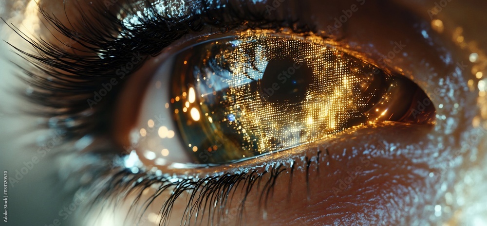 Poster close-up of an eye reflecting a cosmic scene with sparkling lights.
