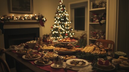 Fototapeta premium food, table, christmas, dinner, meal, salad, restaurant, plate, buffet, dish, tree, party, banquet, lunch, healthy, wedding, decoration, delicious, sweets, fresh, gourmet, room, glass, holiday,generat