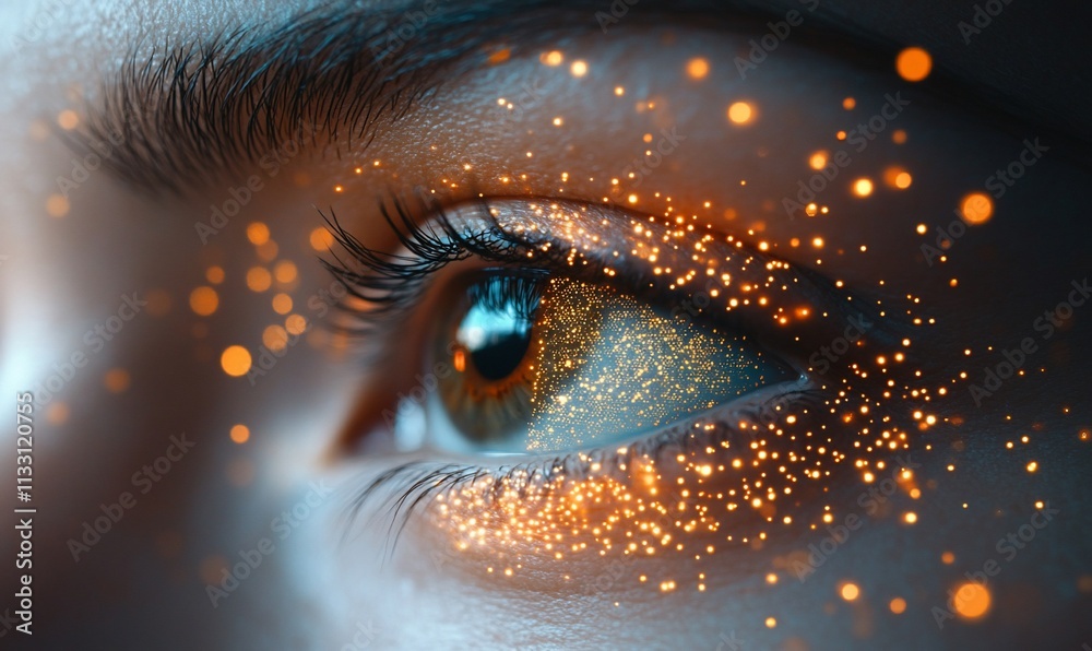 Poster Close-up of an eye with sparkling effects and glowing particles around it.