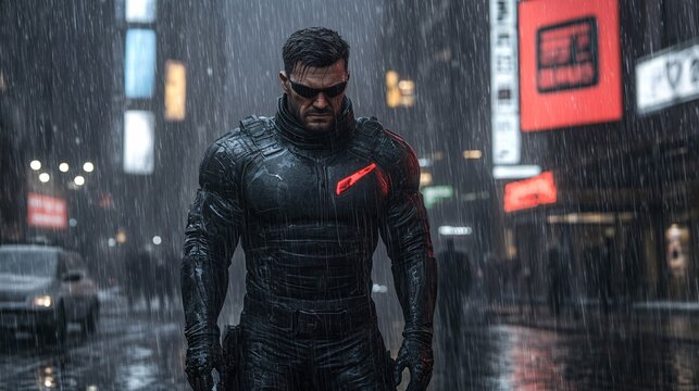 Cyberpunk Soldier in Neon Armor in Rainy Cityscape