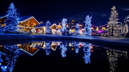 Fototapeta premium Christmas tree is lit up in front of a house