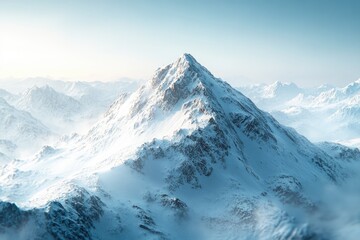 Obraz premium Majestic snow-capped mountain peak dominates a vast, serene winter landscape.