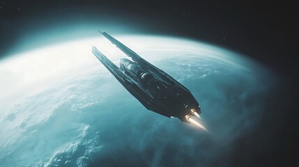 A futuristic spaceship breaking through the atmosphere of an alien planet for a space opera book cover