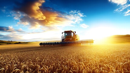 Obraz premium A combine harvester working in a field of golden wheat at sunset