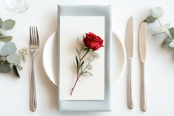 Elegant minimalistic wedding menu card on ivory cardstock with a rose and silver cutlery on white tablecloth