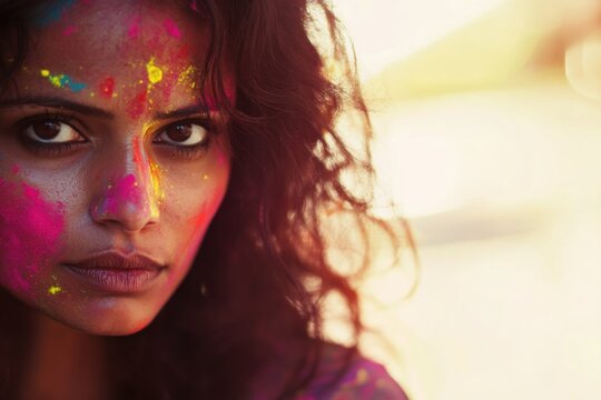 A woman enjoys the lively festival of Holi, her face splattered with bright colors. Surrounding her are joyful participants throwing color powder and water balloons, creating a festive scene