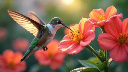 Obraz premium Colorful hummingbird feeding on vibrant pink flowers, joyful moment, natural setting, copy space
