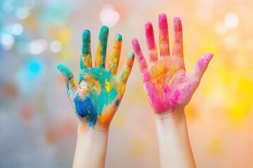 Hands raised in celebration, covered in bright Holi powders, showcase the spirit of joy and community during the vibrant festival. Colors burst in the air, creating a lively backdrop