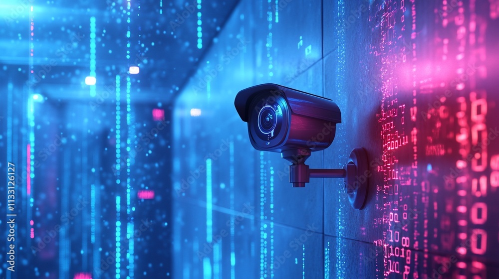 Poster Surveillance camera against a digital backdrop of binary code.