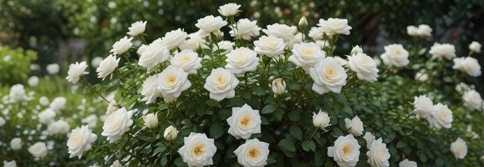 Idyllic shot of small white roses flourishing in a garden setting, bushy foliage, botanical wonders, peaceful retreat