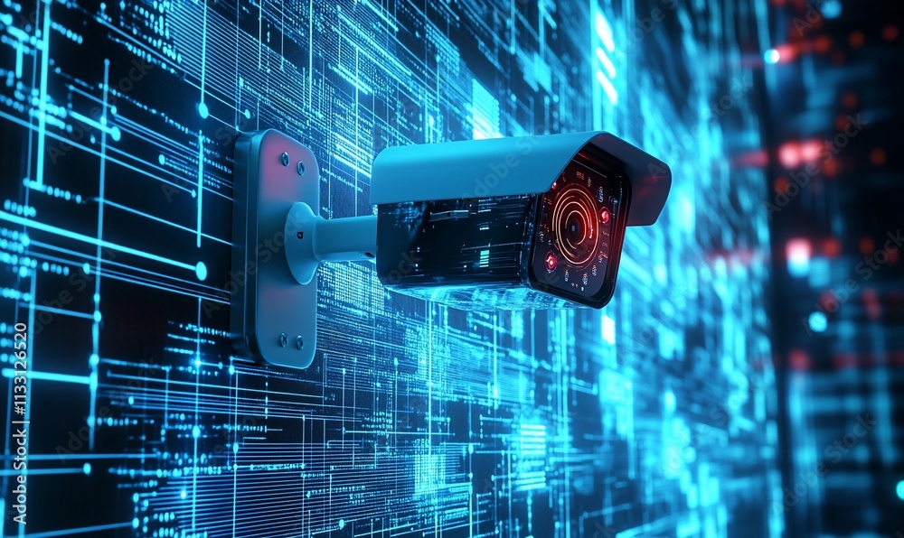 Poster surveillance camera against a digital data background, symbolizing security.