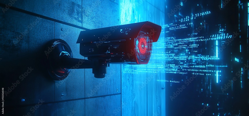 Poster surveillance camera emitting digital data in a futuristic setting.