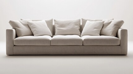 Fototapeta premium Modern Beige Sofa with Cushions and Minimalist Design in Studio