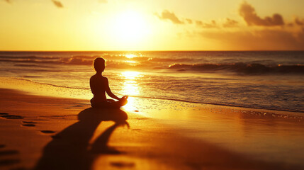 Fototapeta premium A person meditates on a sandy beach during a sunset, facing the ocean. Concept of tranquility and relaxation. For promoting meditation and mindfulness