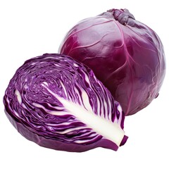 Fototapeta premium Fresh Red Cabbage, Whole and Sliced, Ready for Cooking or Salad, Isolated on White Background Cutout