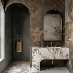 traditional bathroom, brass fixtures, marble half on wall, marble on floor, dark paint on wal