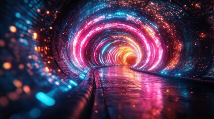 Glowing neon tunnel with pink, blue, and orange lights.