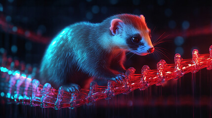 A futuristic genomic editing icon featuring a glowing ferret, symbolizing online platforms researching genetic modifications in animal health.  