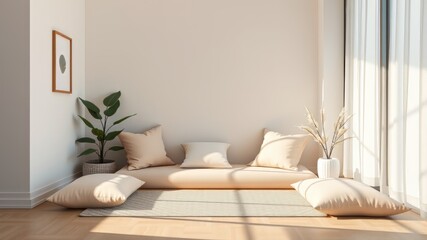 Fototapeta premium Calm Meditation Corner - Pastel Cushions Minimal Decor - Serene Morning Ambiance - AI Photo