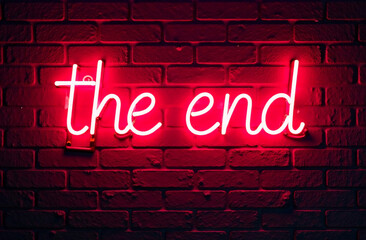 Fototapeta premium Neon sign on brick wall. The end. 3D rendering