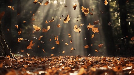 Gentle Autumn Leaves Falling Over Quiet Forest Scene