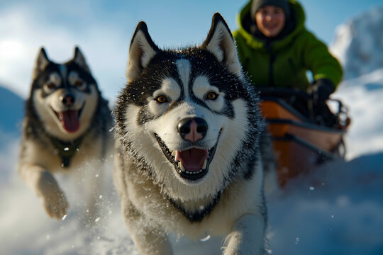 Two husky dogs running in the snow with a man on a sled behind them