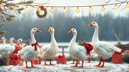 Obraz premium Christmas Goose Illustration Set - Festive Farm Clipart
