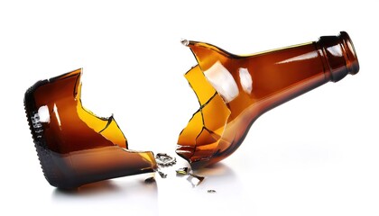 Closeup pattern shard of broken amber glass bottle pieces on an isolated white background. The jagged edges are used in no rules back street brawl fights and lead to serious injuries.