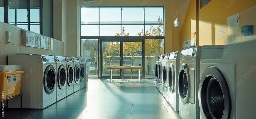 Aufkleber a bright laundry room with washing machines and a table by large windows.