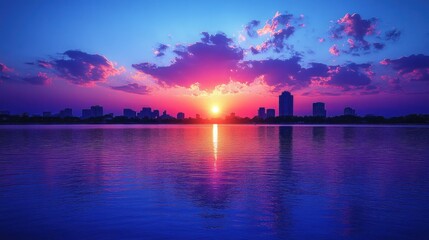 A vibrant sunset over a city skyline reflected in calm waters, creating a serene atmosphere.
