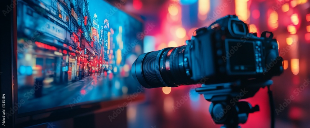 Poster A camera on a tripod capturing a vibrant cityscape displayed on a screen.