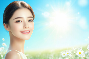 Fototapeta premium Bright portrait of a smiling woman in a sunny field.