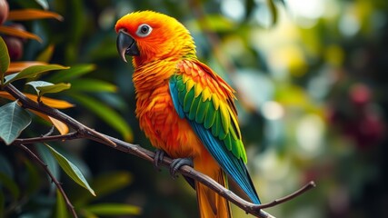 Obraz premium Colorful Sun Conure Parrot on Branch - Vibrant AI Photo