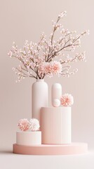 Fototapeta premium Floating pink and beige forms with floral elements create a tranquil minimalistic display