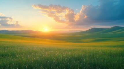 A serene landscape at sunset, showcasing rolling green hills and a colorful sky.