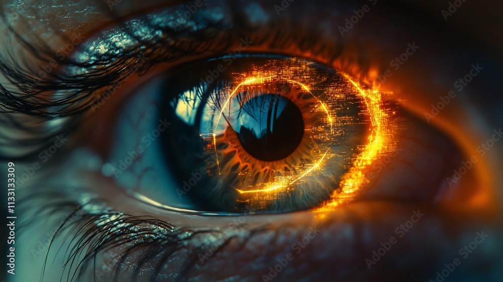 Poster a close-up of an eye with swirling orange and glowing patterns.