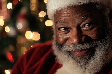 A kind, smiling Black Santa Claus in a red suit, against a blurred Christmas tree backdrop.