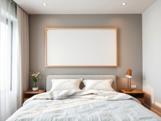 Fototapeta premium Luxurious bed and nightstand with empty frame in elegant bedroom apartment on bright wall background, comfortable, wall, bedroom