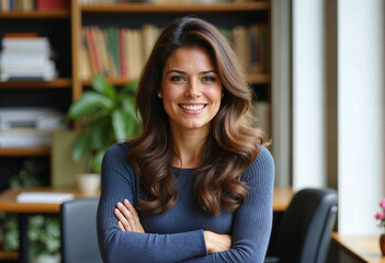 Portrait of young smiling woman looking at camera with crossed arms. Happy girl standing in creative office. Successful businesswoman standing in office with copy space.