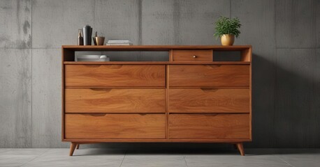 Mid-century modern wooden dresser with open compartments and concrete backdrop, classic, dated design