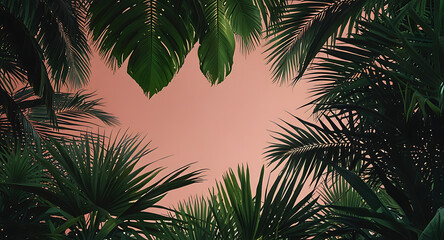 Tropical Paradise Frame: Lush greenery creates a vibrant, heart-shaped frame against a warm, dusky sky. Perfect for travel, vacation, or summer themes.