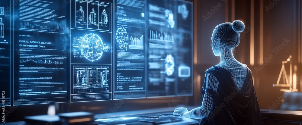 Poster a futuristic scene depicting a holographic interface with a figure analyzing data.