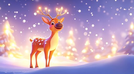Obraz premium Happy cartoon reindeer standing in a holiday snow-covered landscape with twinkling winter lights