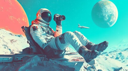 In a white spacesuit, an astronaut sits comfortably, camera in hand, atop an alien surface with a view of multiple planets and a distant spacecraft. This illustration reflects exploration, adventure