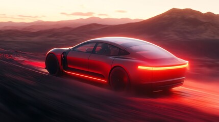 Obraz premium Futuristic electric car speeding through a desert at sunset.