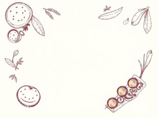 Middle eastern cuisine top view frame menu design with vintage hand drawn sketch of manakeesh, kebab, dolma, shawarma, and shakshouka, hand drawn, middle eastern, kebab